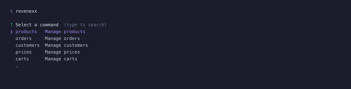 Running revenexx prod opens a searchable picker of the command groups, the first one selected and its description alongside.