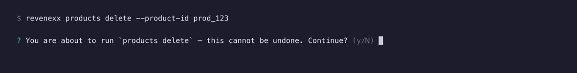 A delete command prompts for confirmation, naming the command, warning it cannot be undone, and defaulting to no.