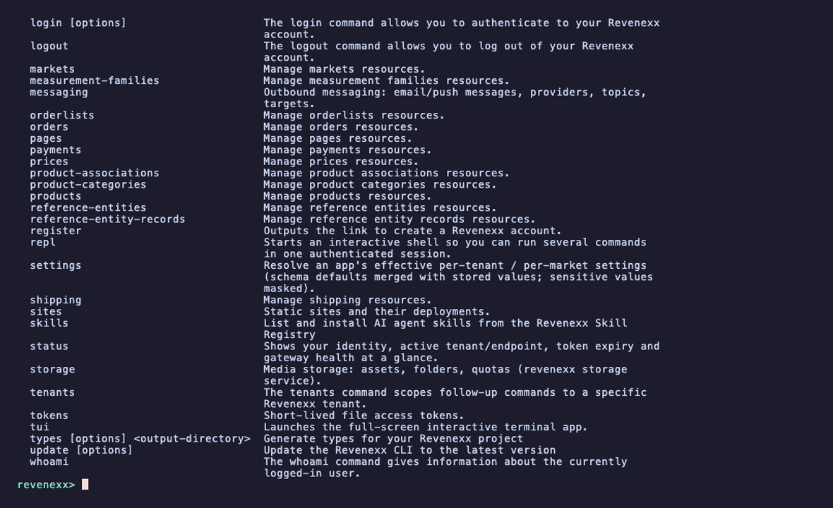 The revenexx repl shell after running help, listing every command with a one-line description.