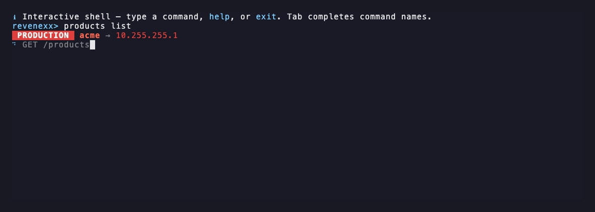 The revenexx repl printing a red PRODUCTION banner with the tenant and endpoint before running a command.