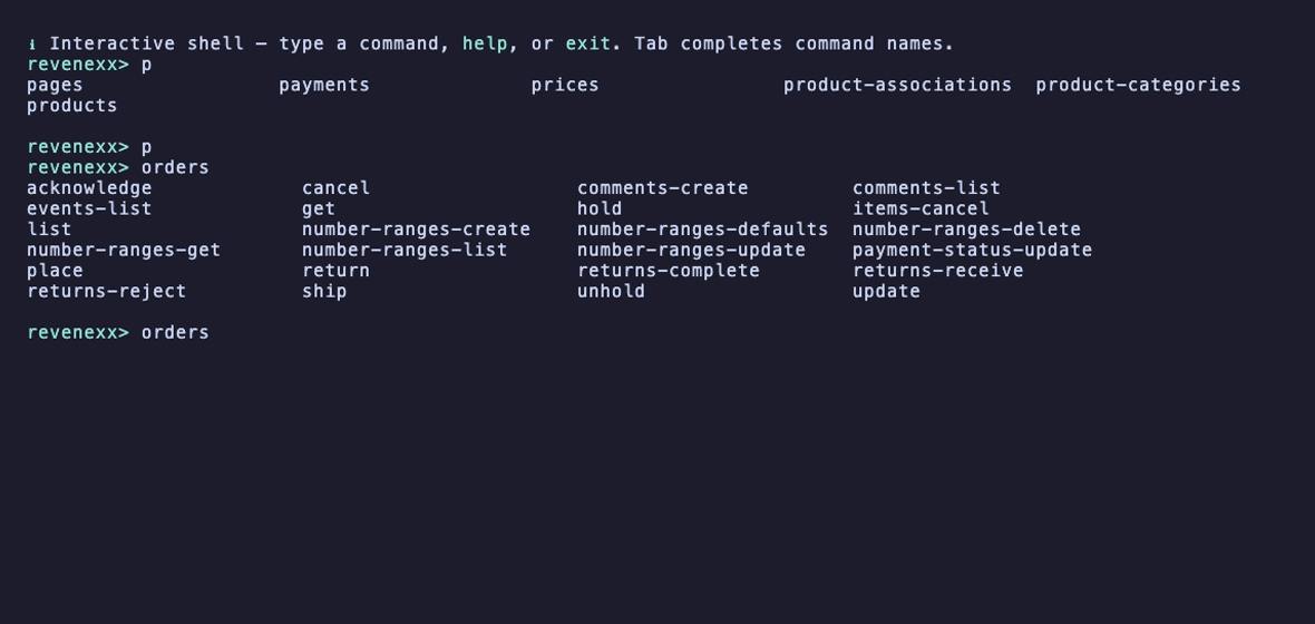 The revenexx repl showing tab-completion: p lists the matching top-level commands, and orders lists that group's subcommands.