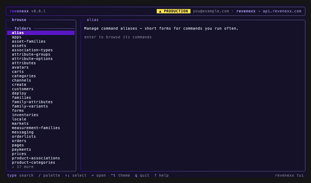 The revenexx tui command browser — the command tree on the left, a detail pane on the right, and the tenant, host, and production chip in the header.