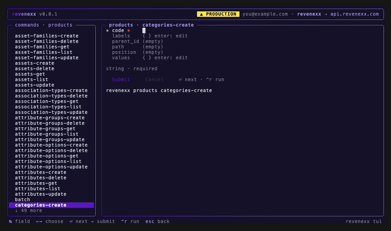 A parameter form for products categories-create, with the required code field focused, optional fields below, run and cancel buttons, and a live one-shot command preview.