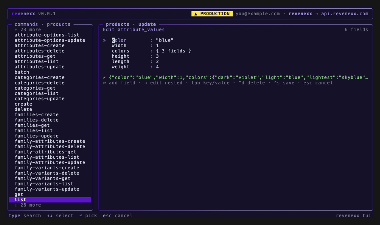 The JSON editor for a product's attribute_values — color, width, a nested colors object, height, length, and weight fields, with a valid assembled-JSON preview at the bottom.