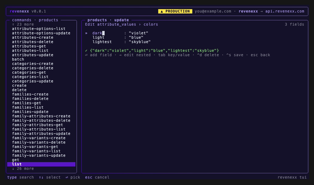 Editing nested — descended into the colors object, its dark, light, and lightest fields listed, with the breadcrumb showing attribute_values › colors.