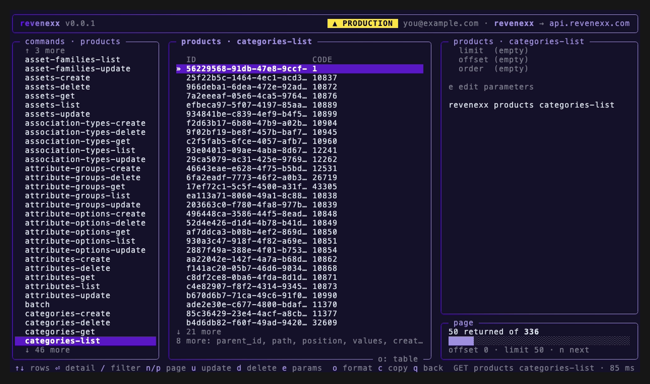 A results table for products categories-list — ID and CODE columns with the first row selected, more columns scrolling into view, a paging sidebar, and a footer noting the row can be updated or deleted.