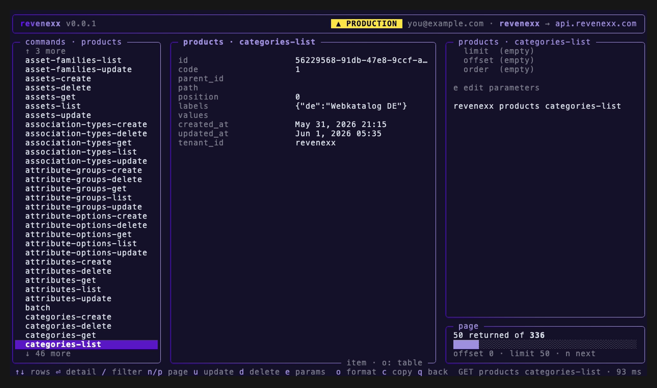 A single categories-get record shown as a key-value sheet, with a footer noting u to update, d to delete, and c to copy the record.