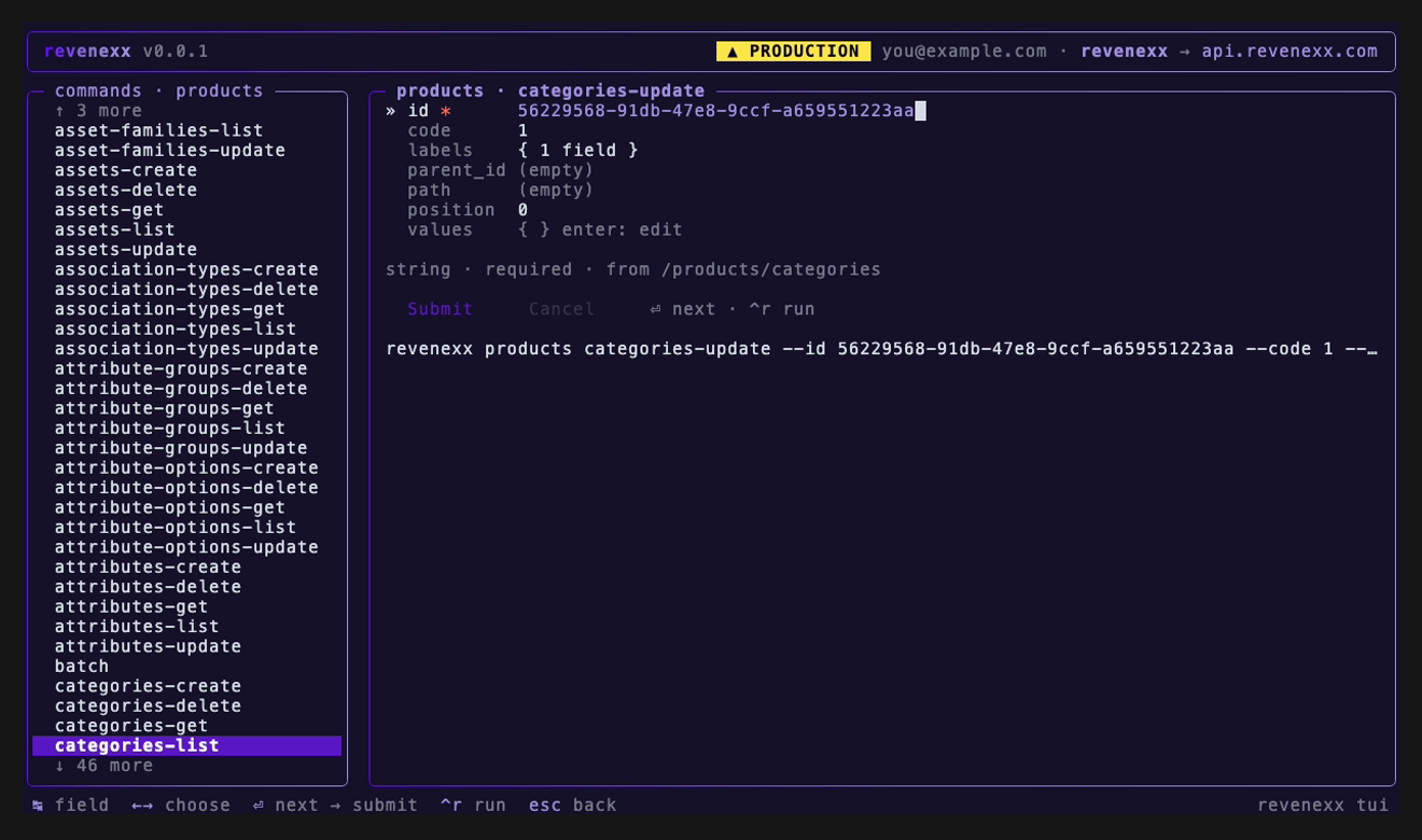 The update form for categories-update, pre-filled from the selected record — id, code, label, and position carried over, with run and cancel buttons and a one-shot preview.