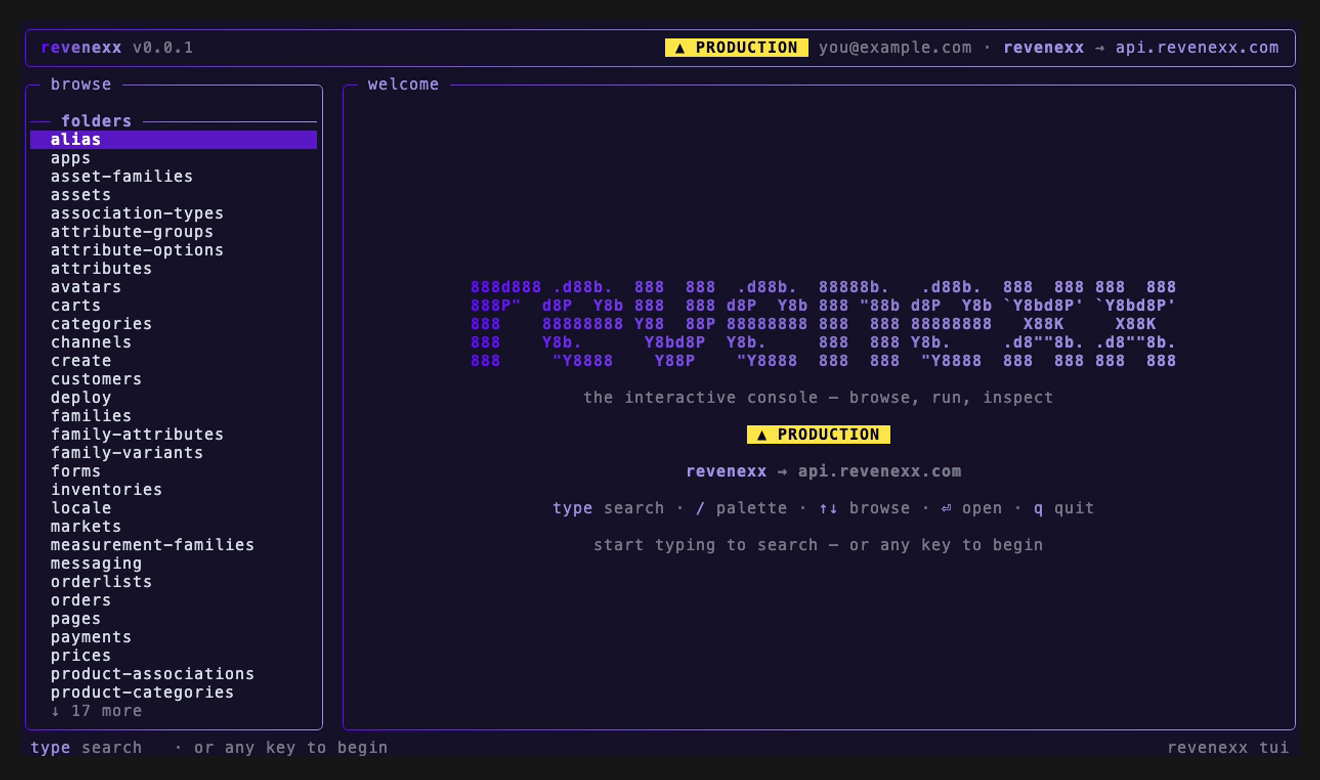 The revenexx tui welcome screen — the command list on the left, the interactive-console banner in the main pane, and the identity, tenant, endpoint, and production chip in the header.