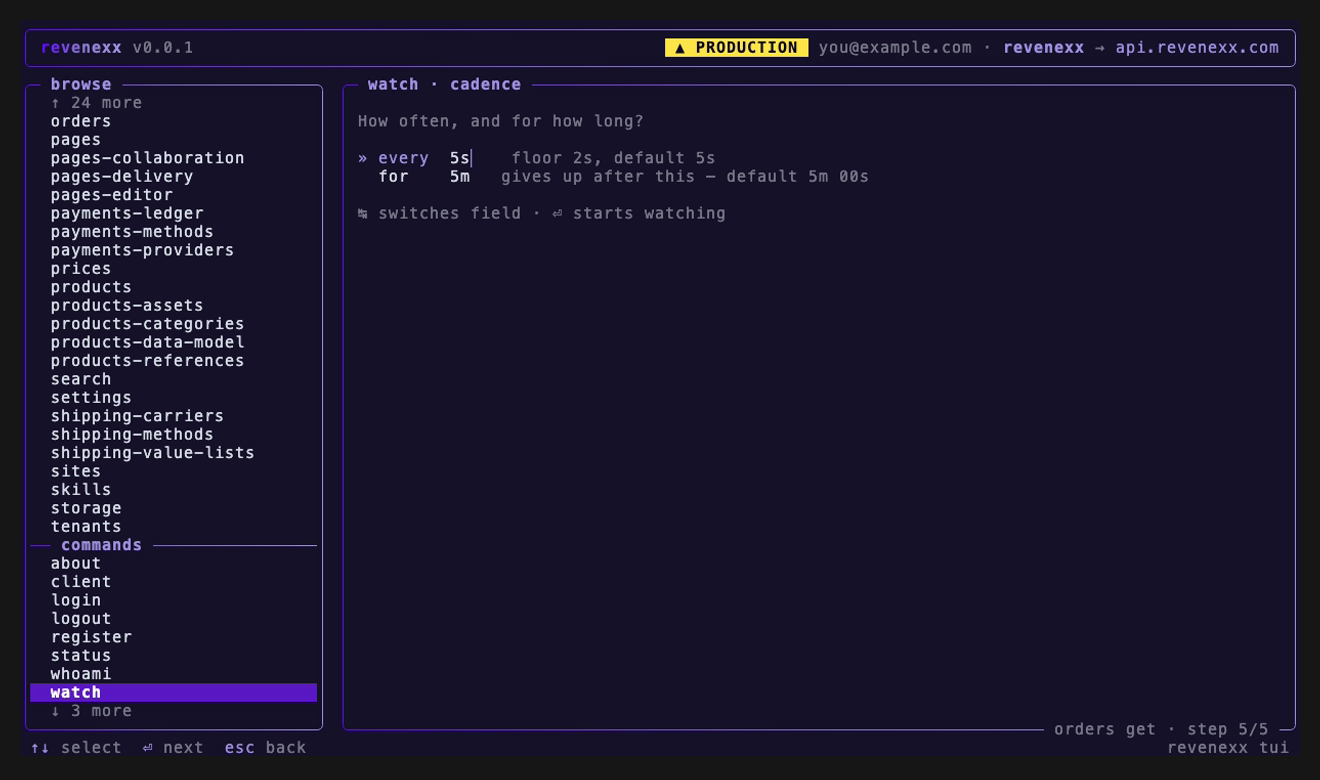 The cadence step of the /watch flow: 'How often, and for how long?' over an every field holding 5s, annotated floor 2s and default 5s, and a for field holding 5m, with a hint that tab switches field and enter starts watching.