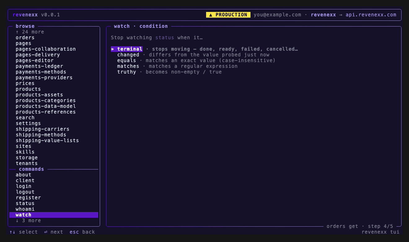 The condition step of the /watch flow in the full-screen app: 'Stop watching status when it…' above the five conditions — terminal, changed, equals, matches and truthy — each with a one-line explanation, and a step 4/5 marker.