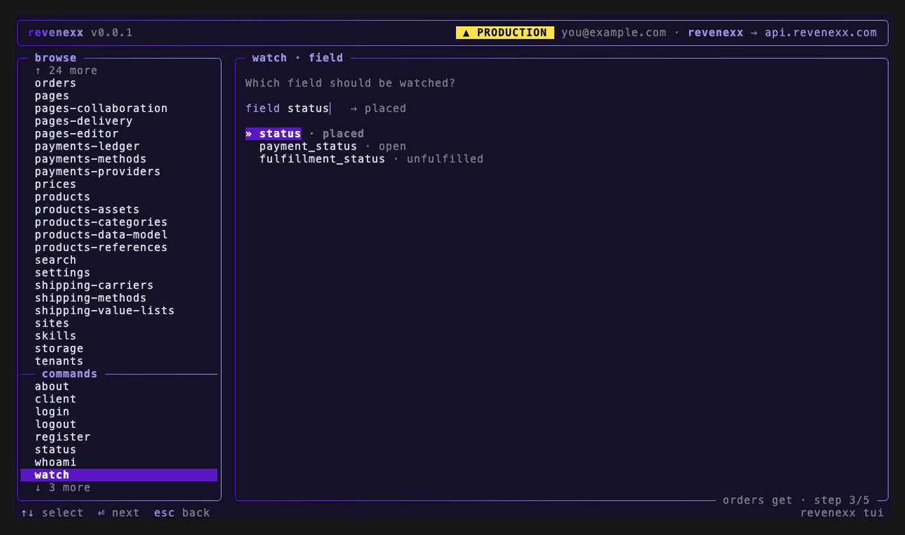 The field step of the /watch flow: a field filter reading 'status' with its live value beside it, and the three status paths the fetched order carries — status placed, payment_status open, fulfillment_status unfulfilled.