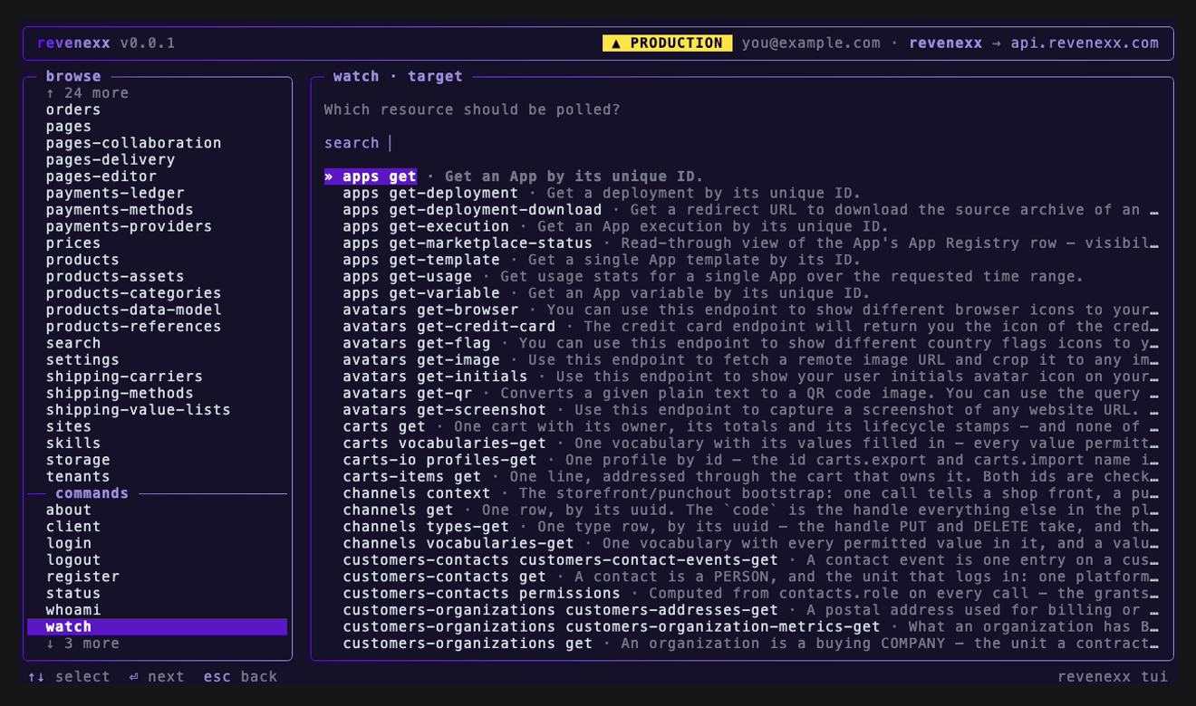 The first step of the /watch flow: 'Which resource should be polled?' over a search box and the get-by-id commands of every service, each with its one-line description.