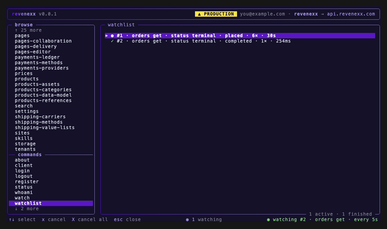 The watchlist pane: one watcher still polling an order whose status is placed, with its poll count and age, and one satisfied on an order that reached completed; a footer counting active and finished watchers, and the status bar showing the watching badge beside a completion toast.