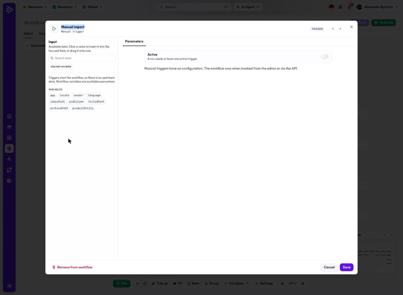 The manual trigger's inspector in Integration Studio, showing that manual triggers have no configuration, alongside the workflow variables available to every node.