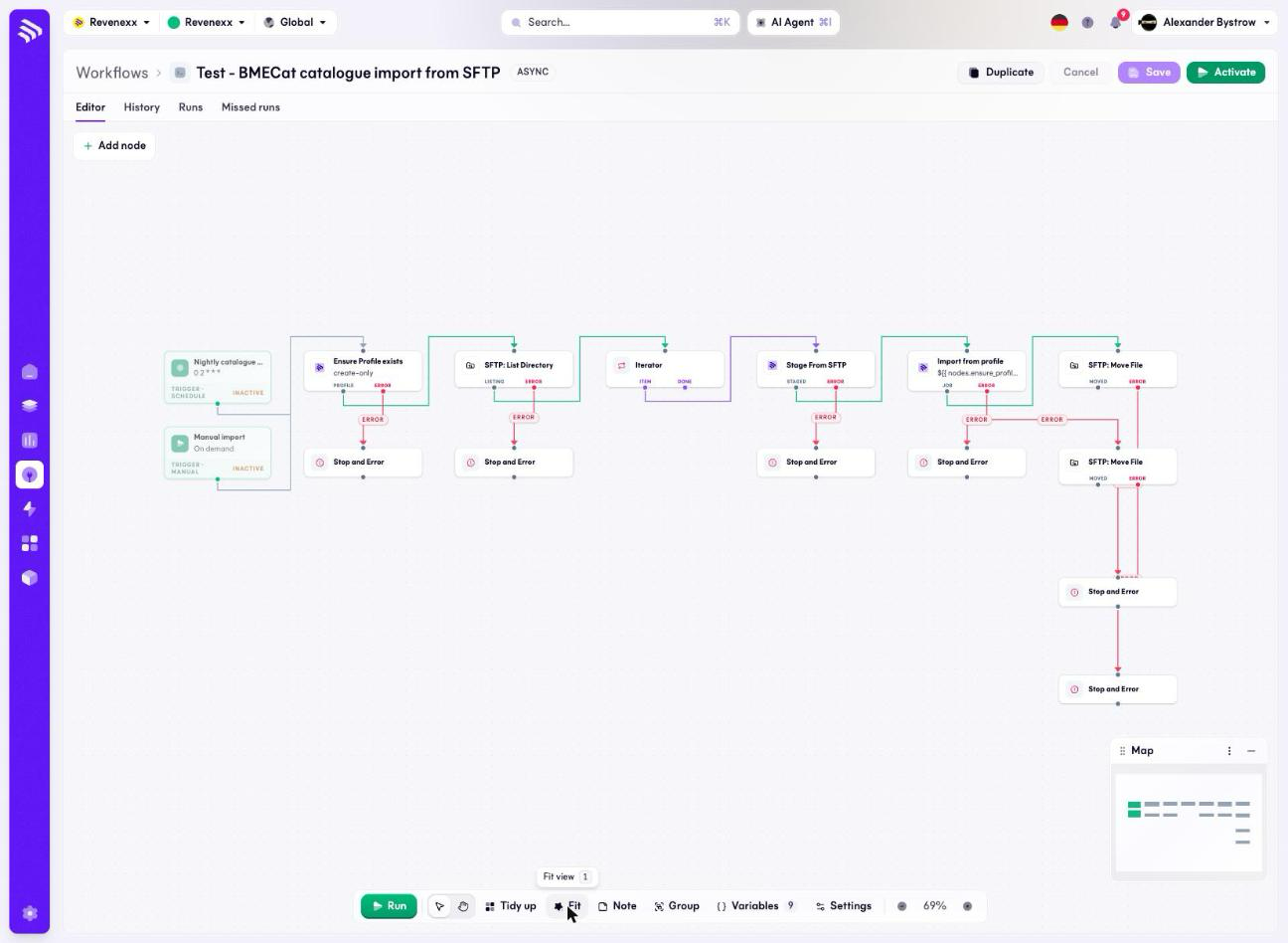 Integration Studio canvas for the installed BMECat import — a schedule trigger and a manual trigger feeding Ensure Profile exists, SFTP List Directory, Iterator, Stage From SFTP, Import from profile, and two SFTP Move File nodes, each step with an error branch.