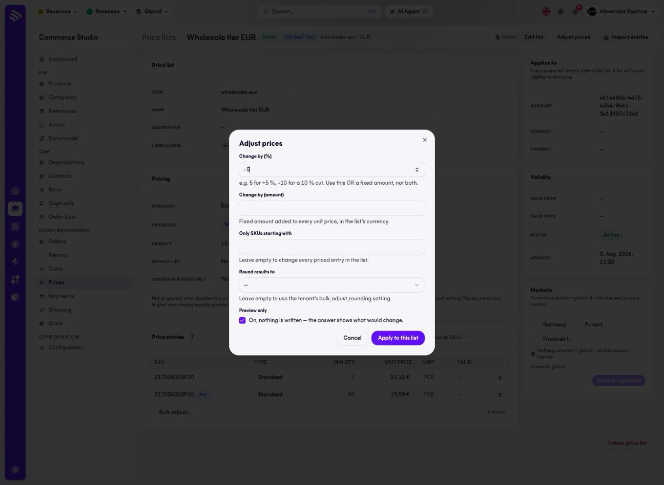 Cockpit 'Adjust prices' dialog on a price list — a −5 % change with 'Preview only' checked, so nothing is written and the answer shows what would change.