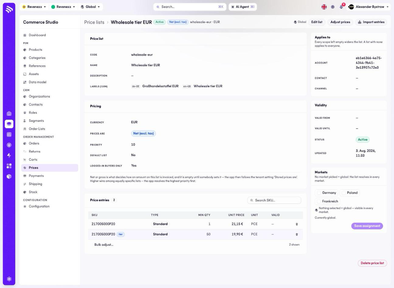 Cockpit price list detail for 'Wholesale tier EUR' — Applies to scoped to one account, priority 10, net prices, logged-in buyers only, and two price entries at 21,15 € and 19,90 €.