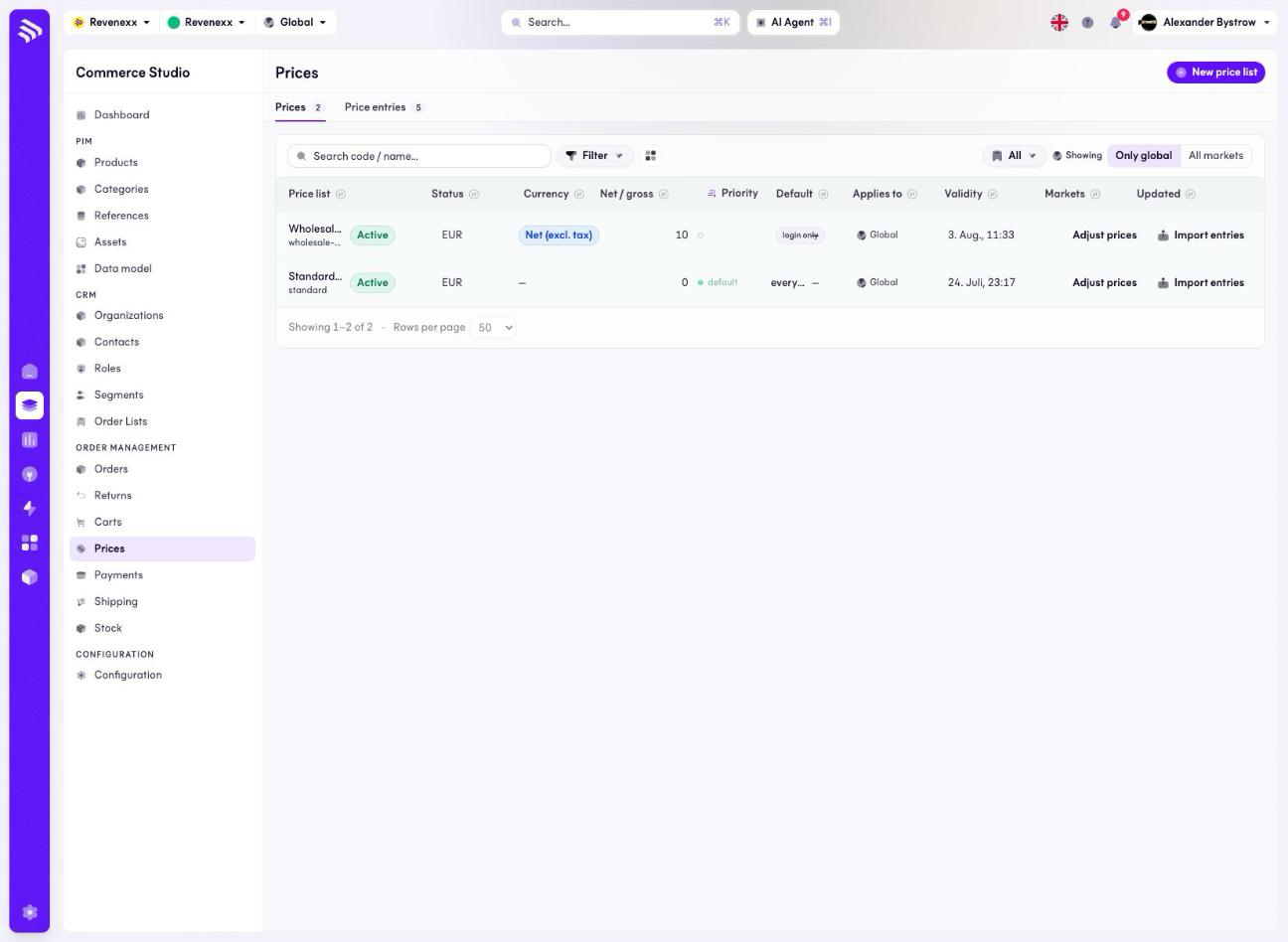 Cockpit price list index — two lists side by side, one account-scoped at priority 10 with net prices and login-only resolution, one global default at priority 0.